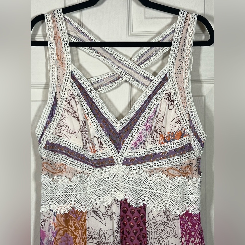 Anthropologie Sleeveless V Neck Patchwork Boho Maxi dress in pink combo, size 12 - Picture 7 of 11